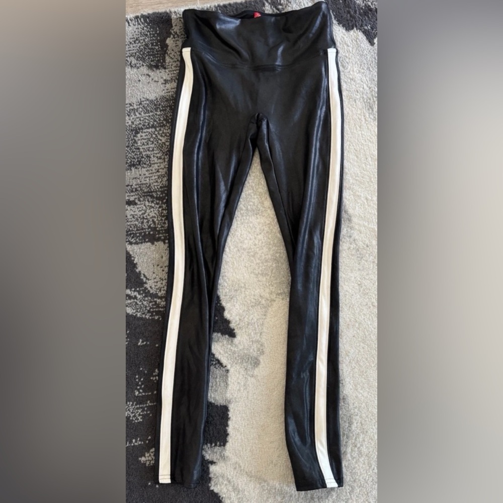 Spanx Black Faux Leather Leggings with White Side Stripe Size S